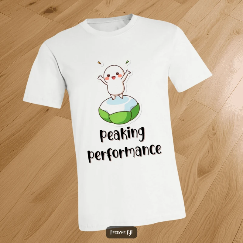 Funny t-shirt featuring a cheerful character performing an energetic happy dance atop a miniature frozen pea, perfect for humor lovers.