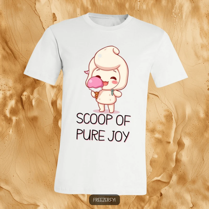Funny T-shirt depicting a beaming character holding a single, perfect scoop of ice cream, celebrating sweet, happy moments.