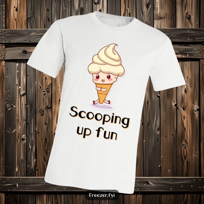 Funny t-shirt with a character playfully pushing an oversized ice cream scoop, celebrating the joy of big dessert portions.