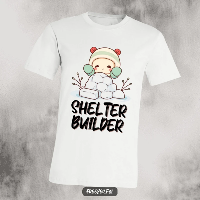 Funny t-shirt featuring a happy character in mittens, constructing a miniature igloo from ice blocks, embodying a playful and industrious winter spirit.