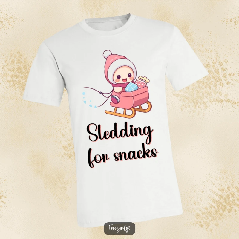 Funny t-shirt showing a character energetically pulling a sled loaded with cold treats, with a determined and happy expression.