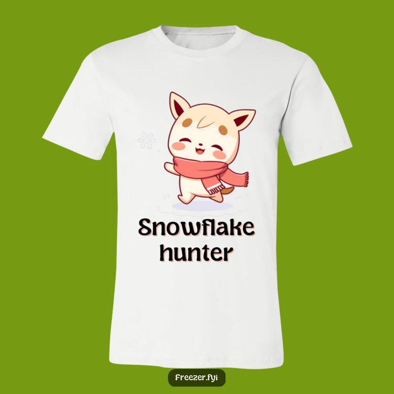 Funny Snowflake Chaser T-Shirt: Scarfed Character's Winter Fun, Playful Humorous Gift