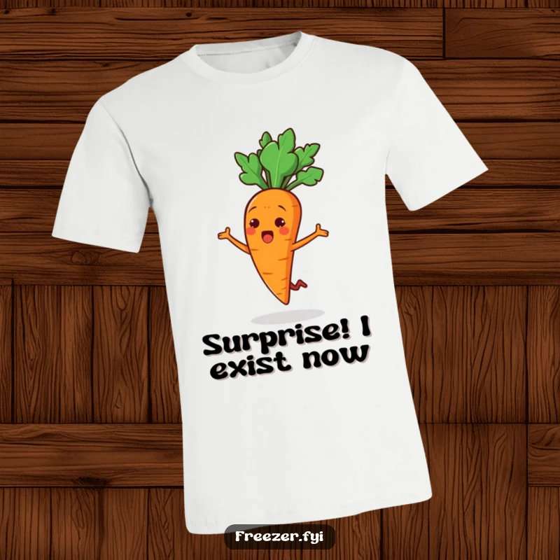 Funny t-shirt showcasing a cheerful carrot stick character performing a surprised little jump, conveying playful energy and surprise.