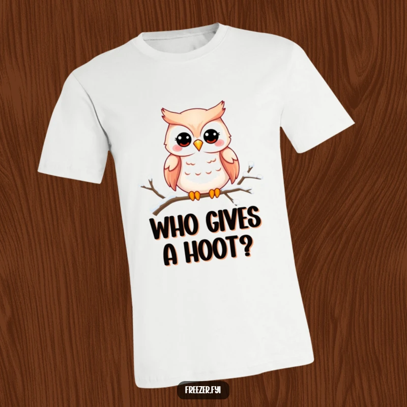 Funny owl t-shirt featuring a charming owl smiling on a snowy branch, perfect for casual wear and bringing smiles.