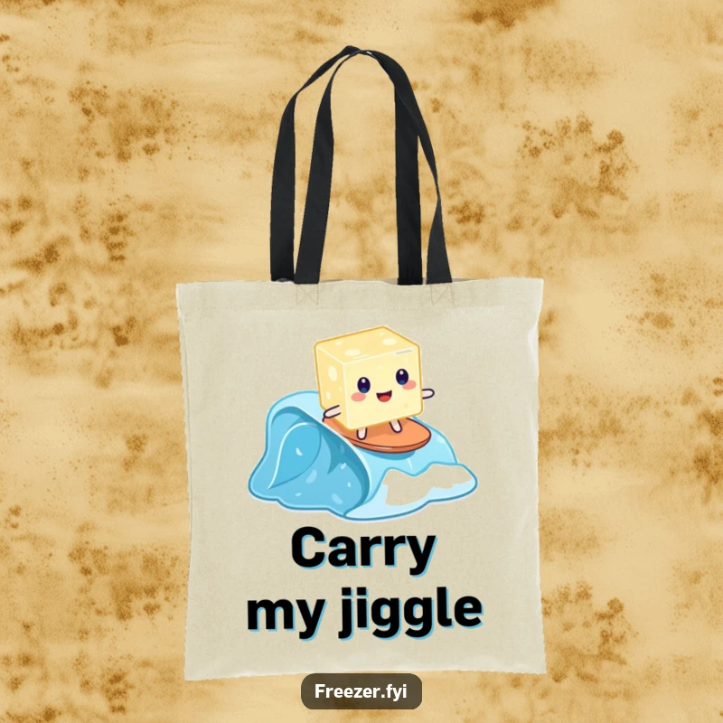 Funny tote bag showing a wobbly jelly cube surfing on a tiny frozen wave, a humorous carry-all.