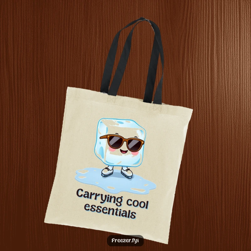 Funny ice cube tote bag with a cheerful ice cube wearing sunglasses, ice-skating on a puddle, cool summer accessory gift.