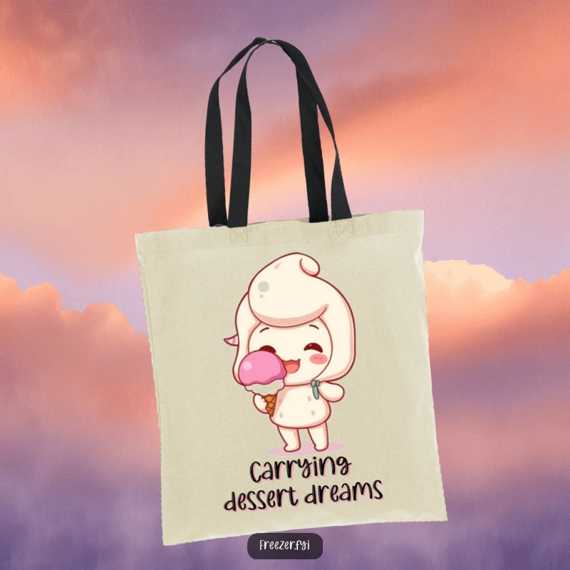 Funny tote bag showcasing a beaming character holding a single, perfect scoop of ice cream, perfect for carrying sweet humor.