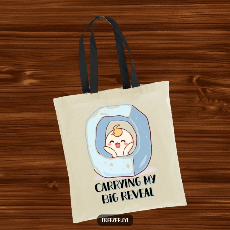 Funny tote bag featuring a character bursting out of a giant ice cube with a surprised, joyful expression, perfect for carrying items with flair.