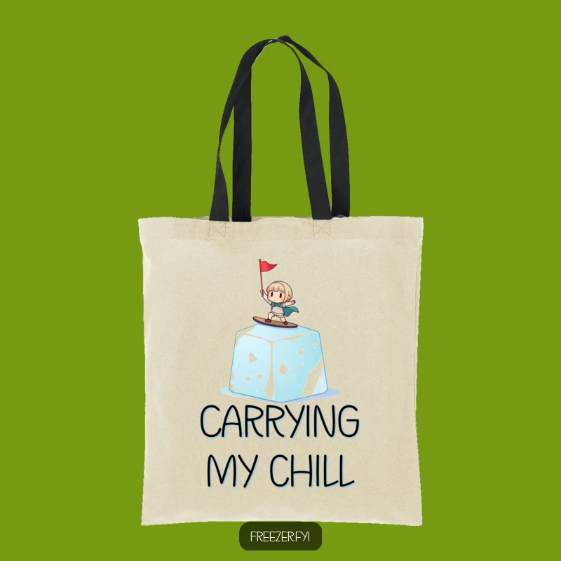 Funny Ice Cube Surfer Tote Bag: Cheerful Character Carrying Giant Ice, Useful Humorous Gift