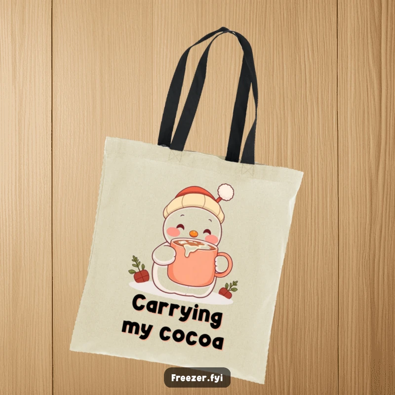 Funny tote bag displaying a content snowman character happily sipping hot cocoa from a large mug, ideal for carrying cozy essentials.