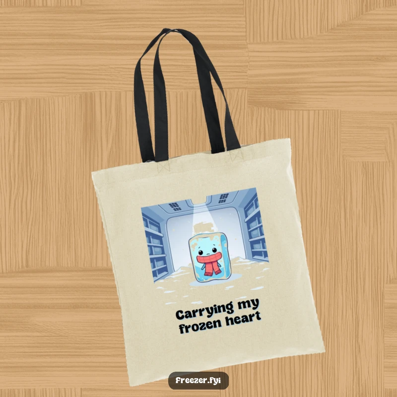 Funny tote bag depicting a lonely ice cube in a scarf shivering dramatically in a huge freezer, a humorous accessory.