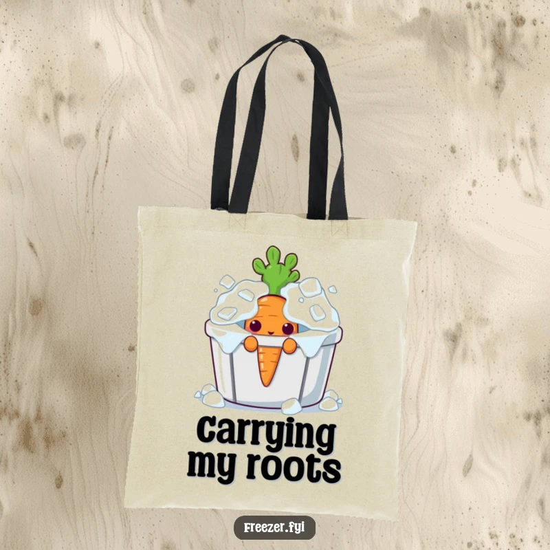 Funny curious carrot character peeking from an overflowing ice bin on an eco-friendly tote bag.