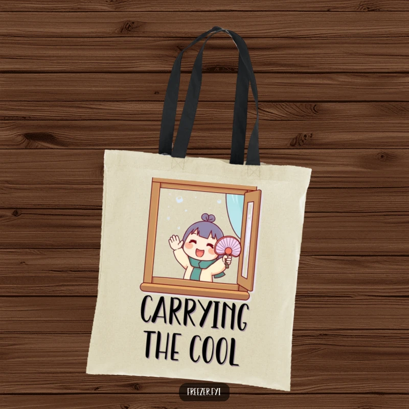 Funny tote bag illustrating a character enthusiastically waving a small fan at a frosty window. A humorous and practical accessory.