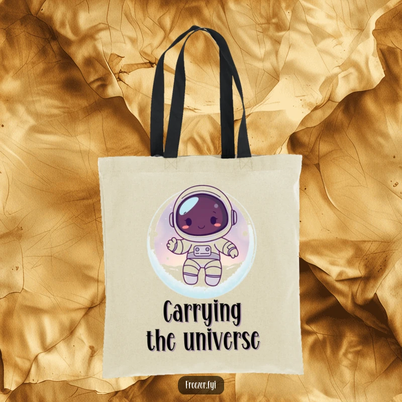 Funny tote bag displaying a happy astronaut character floating inside a frosty, glowing orb, ideal for carrying space essentials.