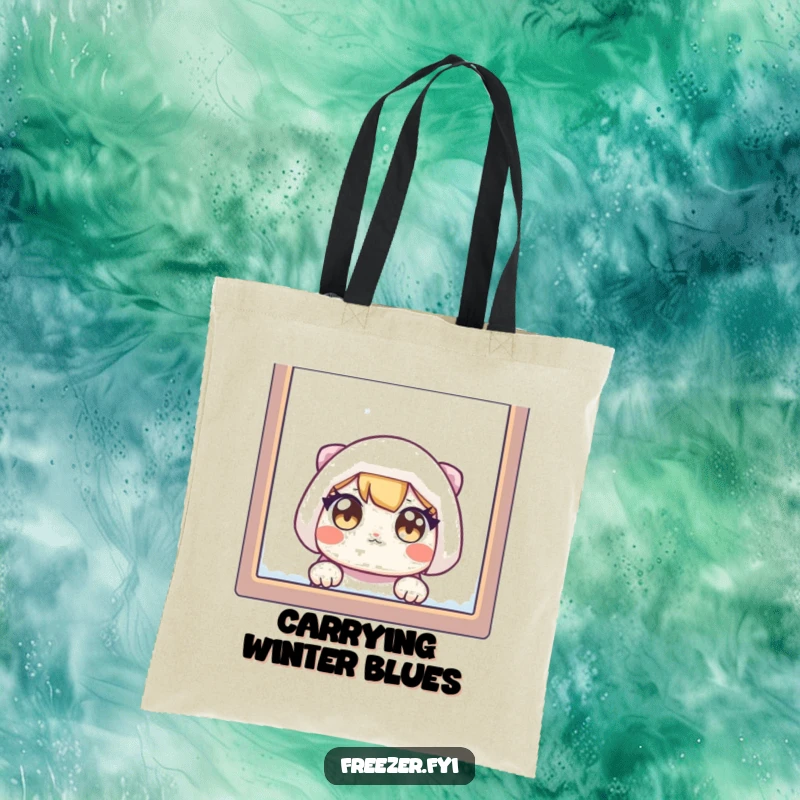 Funny tote bag showcasing a character's wide eyes peeking out from a frosted window, highlighting a moment of curious observation.