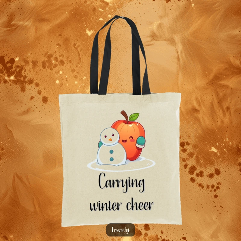 Funny tote bag with a cheerful apple in mittens, hilariously engaged in building a snowman, offering ample space and wintery amusement.
