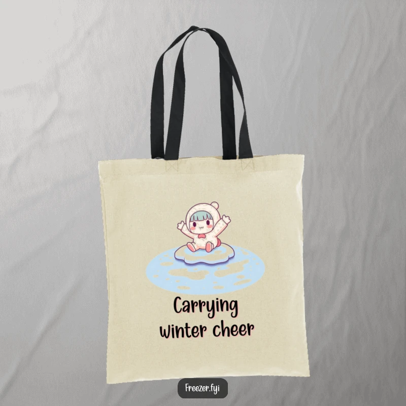 Funny tote bag illustrating a character arms-out, sliding across a frozen puddle with a look of surprised delight during a winter outing.