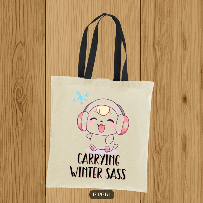 Funny tote bag showcasing a cute character with earmuffs sticking its tongue out at a swirling snowflake, perfect for stylish, humorous carry-alls.