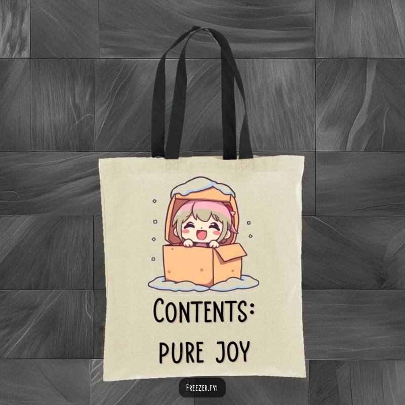Funny tote bag illustrating a character popping out of a frozen box with a delighted expression. A cheerful and humorous accessory.