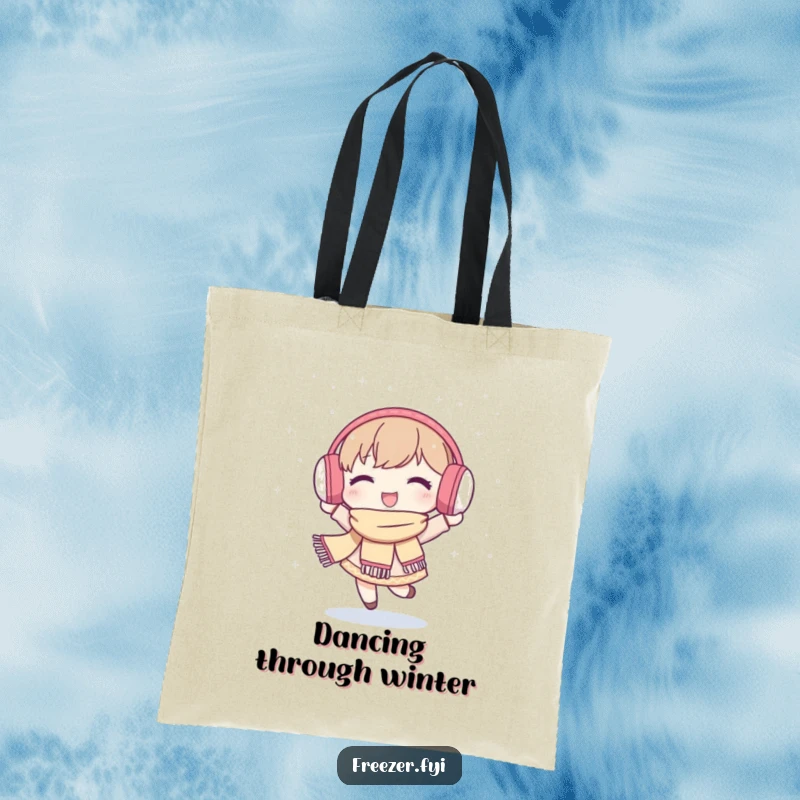 Funny tote bag illustrating a character in earmuffs and scarf, happily dancing with eyes closed in a gentle snowfall.