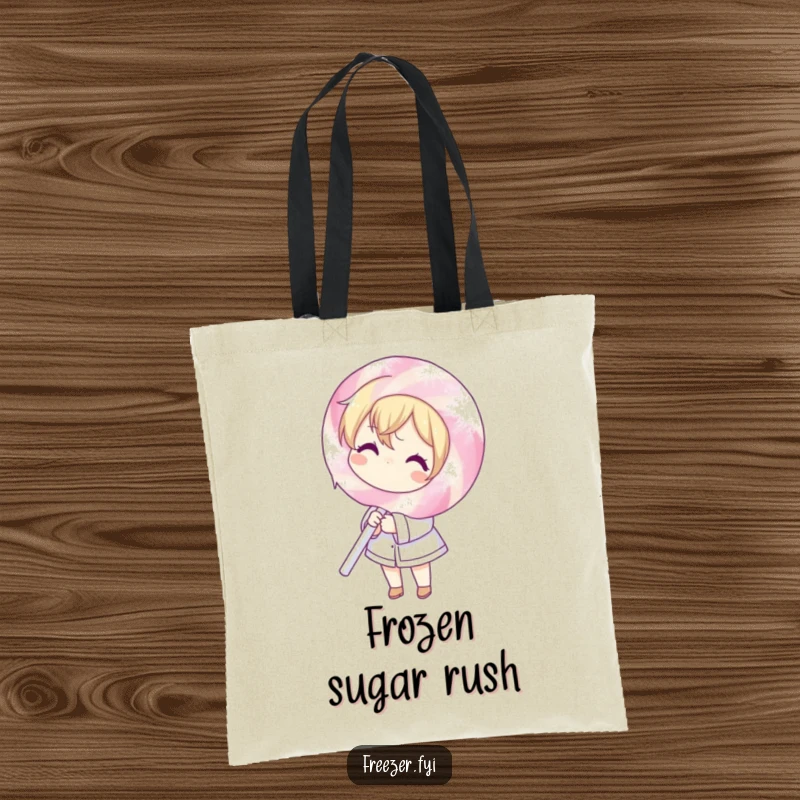 Funny tote bag illustration of a character holding a huge, ice-covered lollipop, adding a touch of sweet, chilly humor to everyday carry.