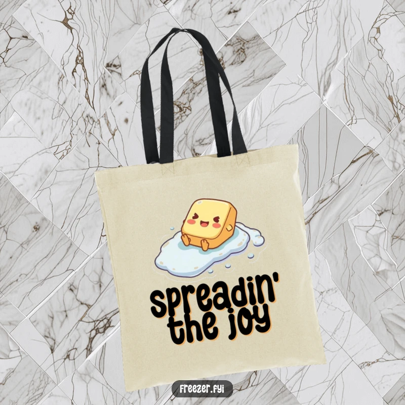 Funny tote bag depicting a tiny butter pat character joyfully sliding down a slick, frosty surface with glee.
