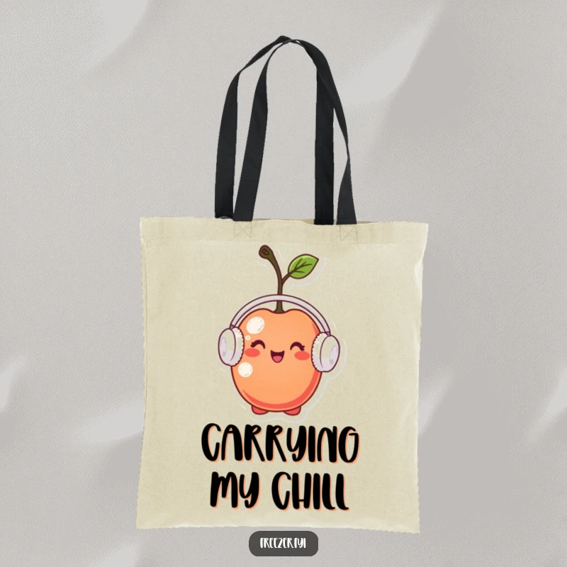 Funny tote bag with a tiny cherry character wearing miniature earmuffs, looking pleased, perfect for carrying items with a cheerful, warm touch.