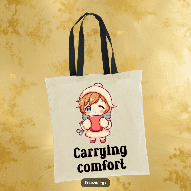 Funny tote bag illustration of a character in mittens holding a steaming mug, embodying ultimate cozy vibes and making it perfect for carrying comfort.