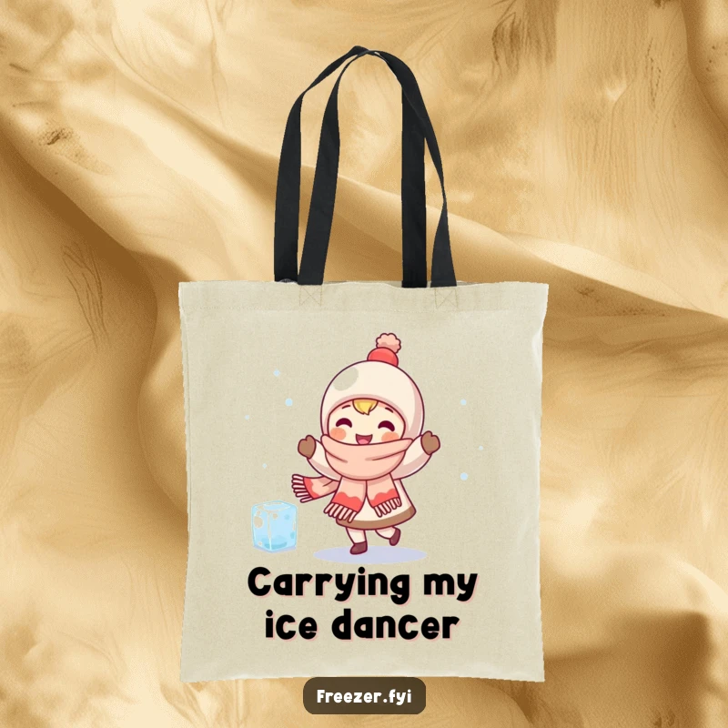 Funny tote bag featuring a character in a scarf happily dancing with a small, shivering ice cube, perfect for carrying items with warmth.
