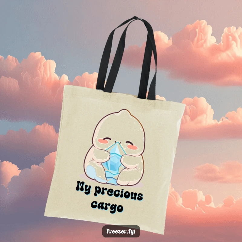 Funny tote bag with a smiling dumpling character cuddling a tiny, shivering ice crystal, perfect for carrying items with a heartwarming, humorous touch.