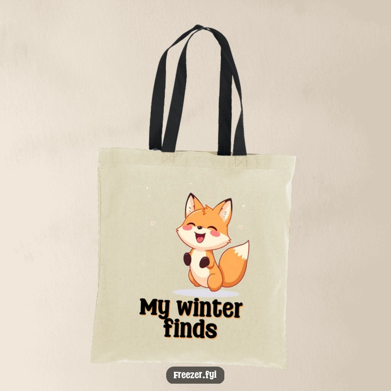 Funny Tote Bag: A cute tote bag featuring a happy fox gleefully chasing falling snowflake patterns, perfect for carrying everyday items with humor.
