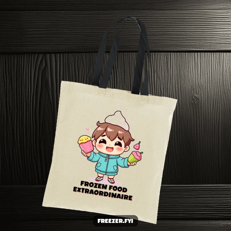 Funny tote bag with a character smiling while juggling frozen foods, great for a humorous and practical present.