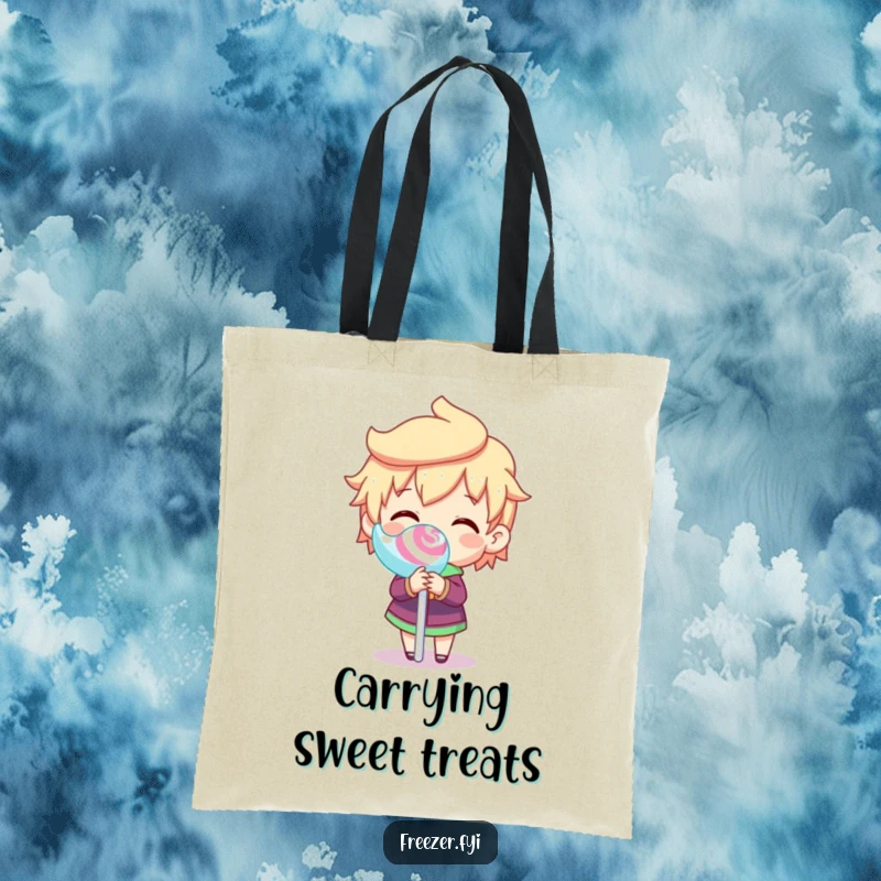 Funny tote bag with a character joyfully spinning a frozen lollipop stick, symbolizing sweet moments and cheerful playfulness.
