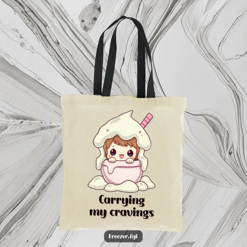 Funny tote bag showcasing a character peeking from an overflowing ice cream tub, ideal for carrying essentials with a sweet, humorous flair.