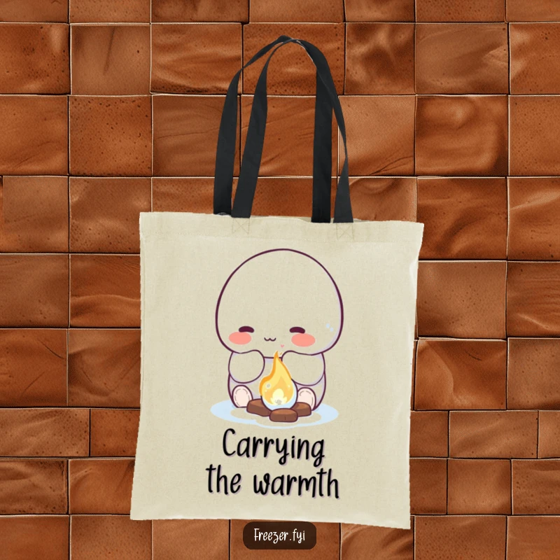 Funny tote bag depicting a rosy-cheeked character happily warming their hands by a small, glowing ice fire, a humorous and practical accessory.
