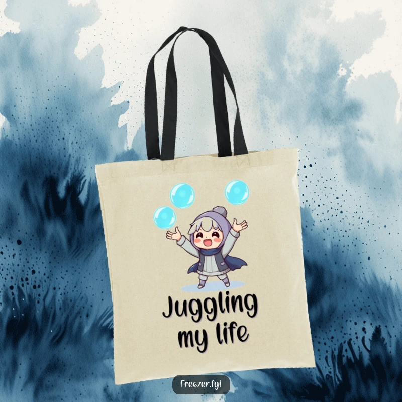 Funny tote bag showcasing an excited character juggling three glowing ice orbs, a practical and humorous accessory for carrying essentials.