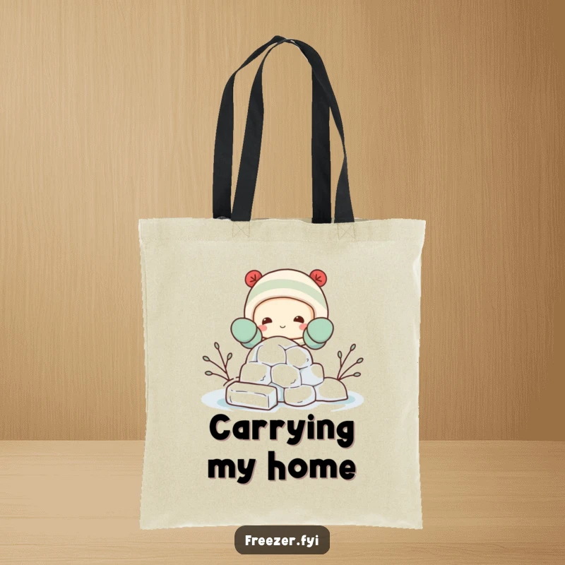 Funny tote bag showing a happy character in mittens, building a miniature igloo from ice blocks, a humorous and functional accessory.