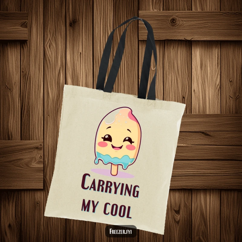 Funny smiling popsicle character melting with glee on an eco-friendly tote bag, perfect for summer errands.