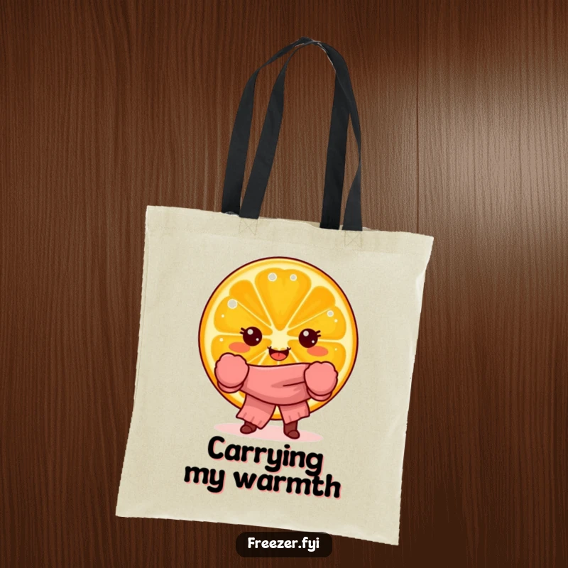 Funny tote bag with a joyful orange slice character in mittens and scarf, a practical and humorous accessory.