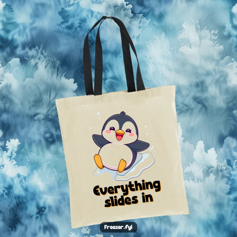 Funny Tote Bag: A cute tote bag featuring a chubby penguin joyfully sliding down an icy slope, perfect for carrying everyday items with humor.