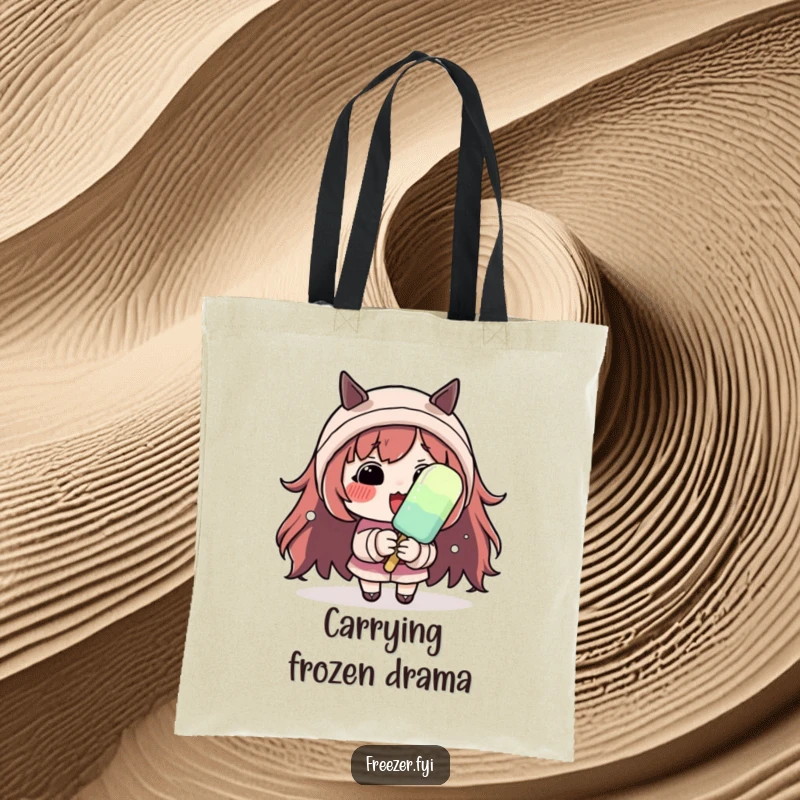 Funny tote bag featuring a character with rosy cheeks shivering dramatically while holding a small popsicle, perfect for carrying items with humor.