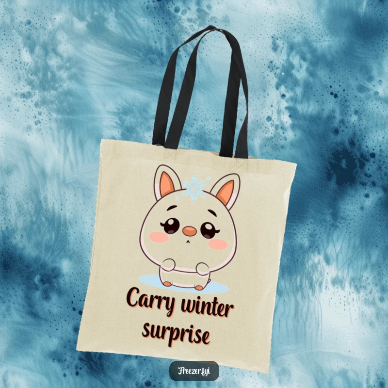 Funny tote bag showing a character looking startled by a snowflake landing on its nose, a cute and humorous winter accessory.
