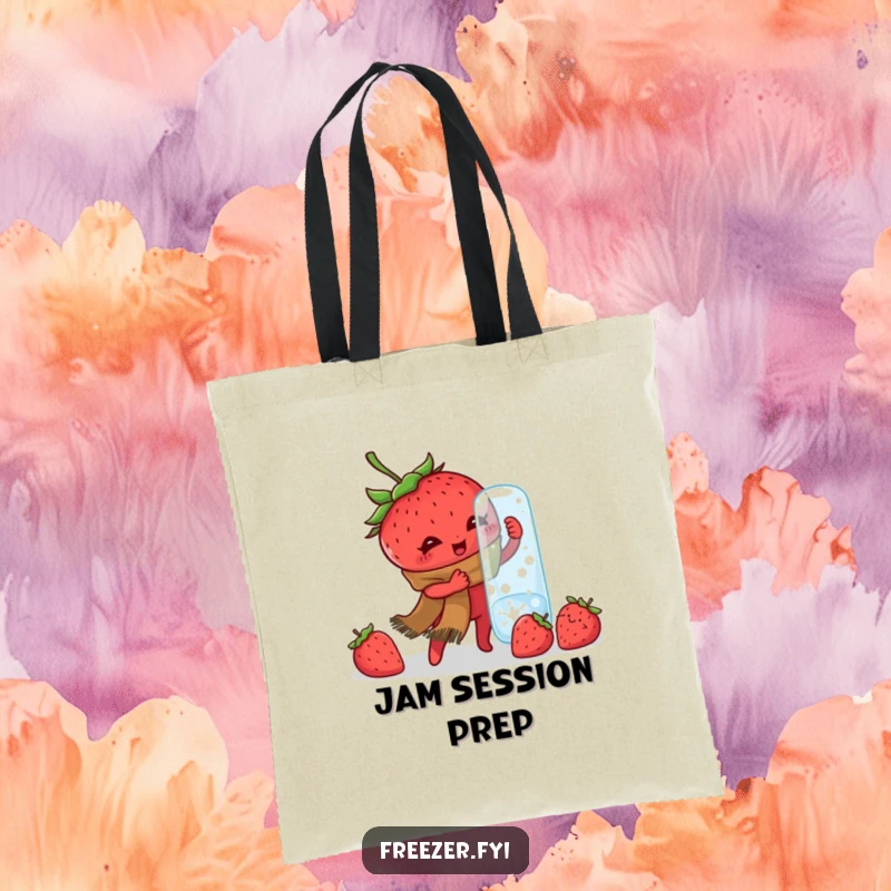 Funny tote bag with a determined strawberry wearing a scarf, hilariously trying to open a frozen jar, perfect for shopping and more.