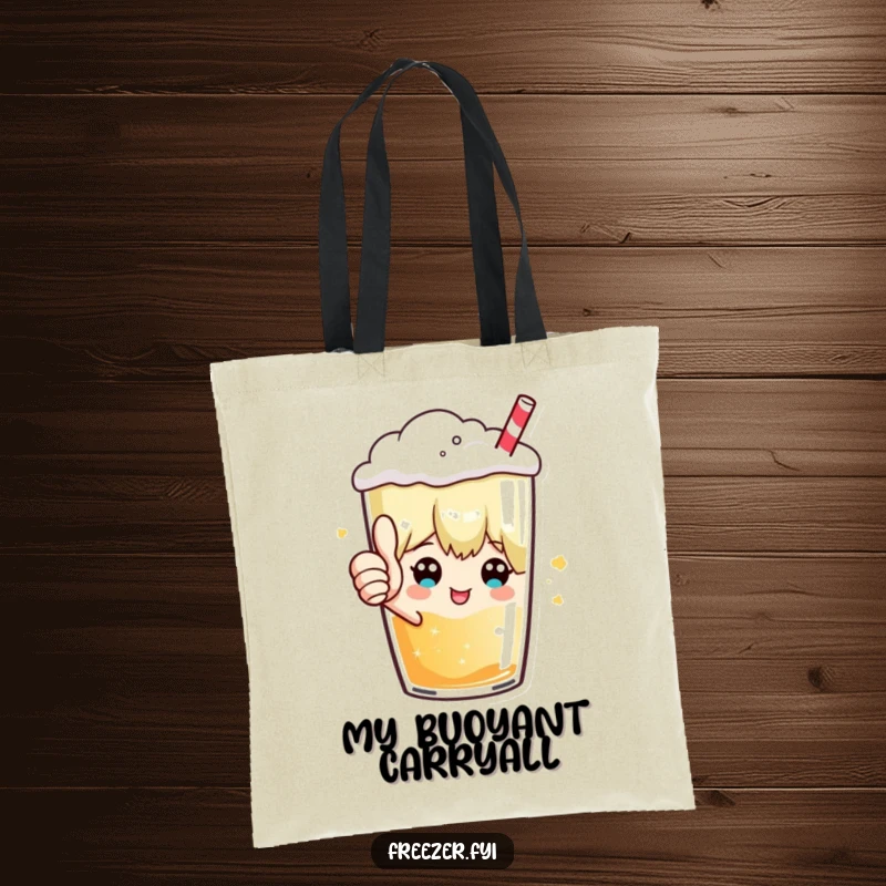 Funny tote bag with a character giving a thumbs up from inside a frosty beverage, conveying approval and positive energy.