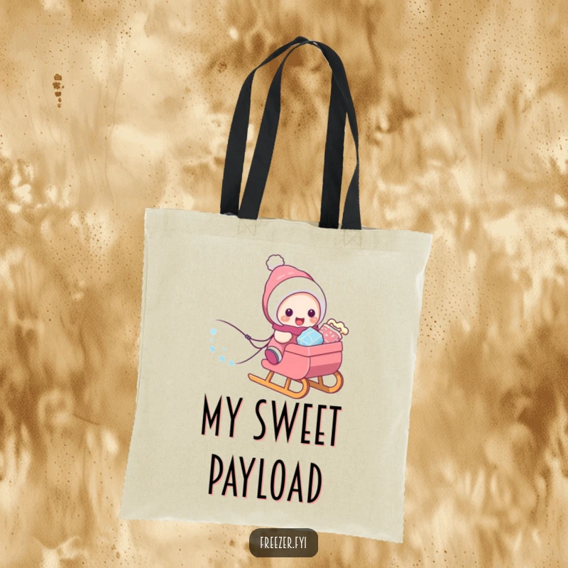 Funny tote bag illustrating a character pulling a sled loaded with frosty treats, ready for a winter adventure.