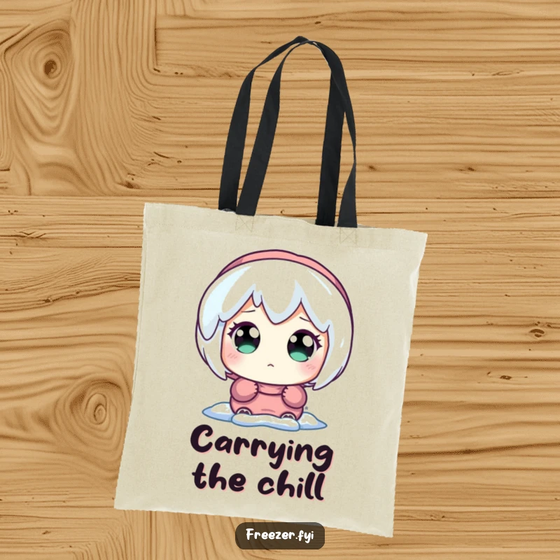 Funny tote bag showing a character with wide, amazed eyes looking at a brightly glowing icicle, perfect for winter charm.