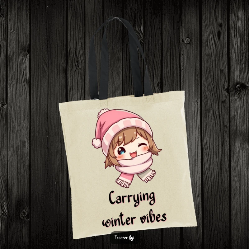 Funny tote bag showing a character joyfully wearing a tiny winter hat and scarf, perfect for carrying items with winter charm.