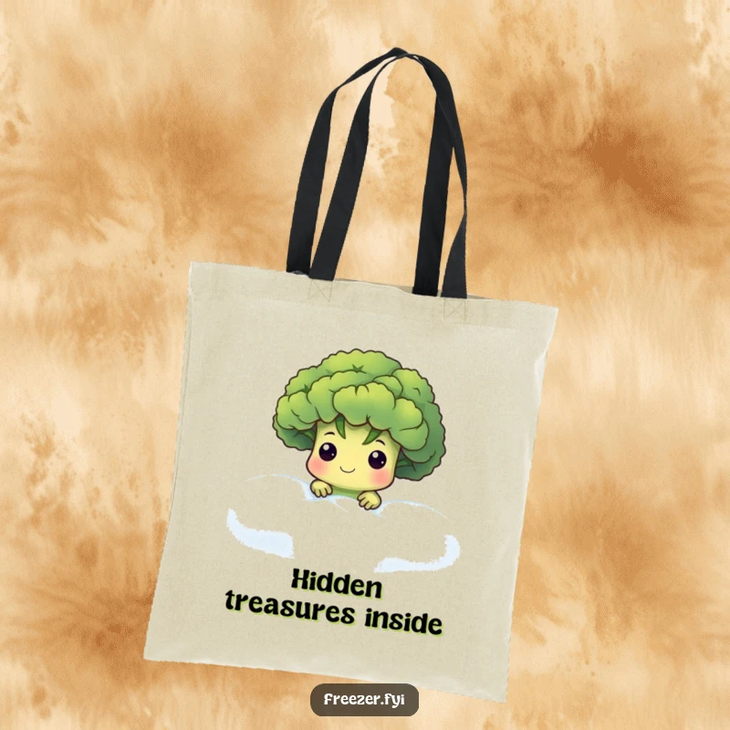 Funny tote bag illustrated with a cute broccoli floret character peeking from a frosty fog, perfect for carrying items with a mysterious flair.