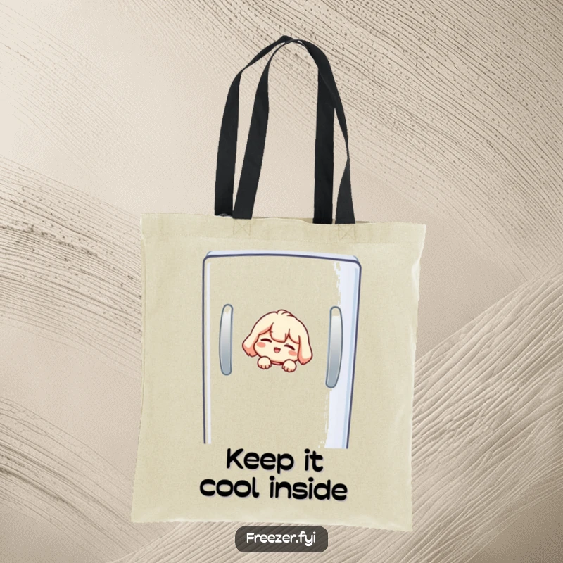 Funny freezer tote bag with a small character peeking from a freezer, delivering a sly wink.