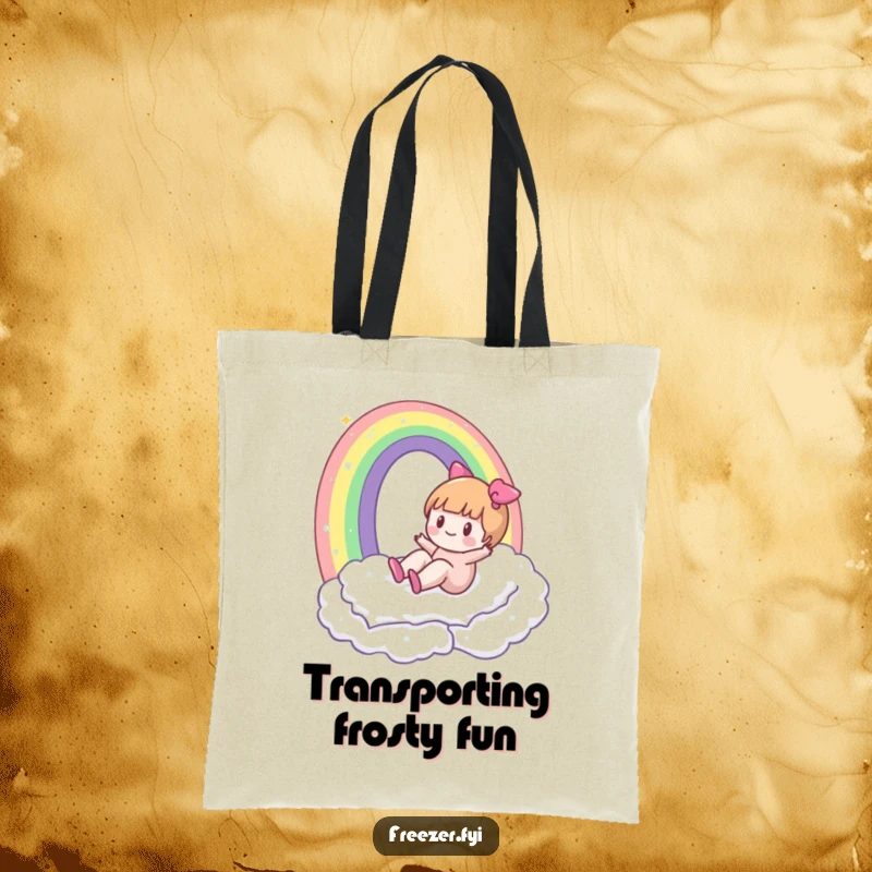 Funny tote bag showcasing a character happily sliding down a rainbow made of frost, perfect for carrying winter whimsy.